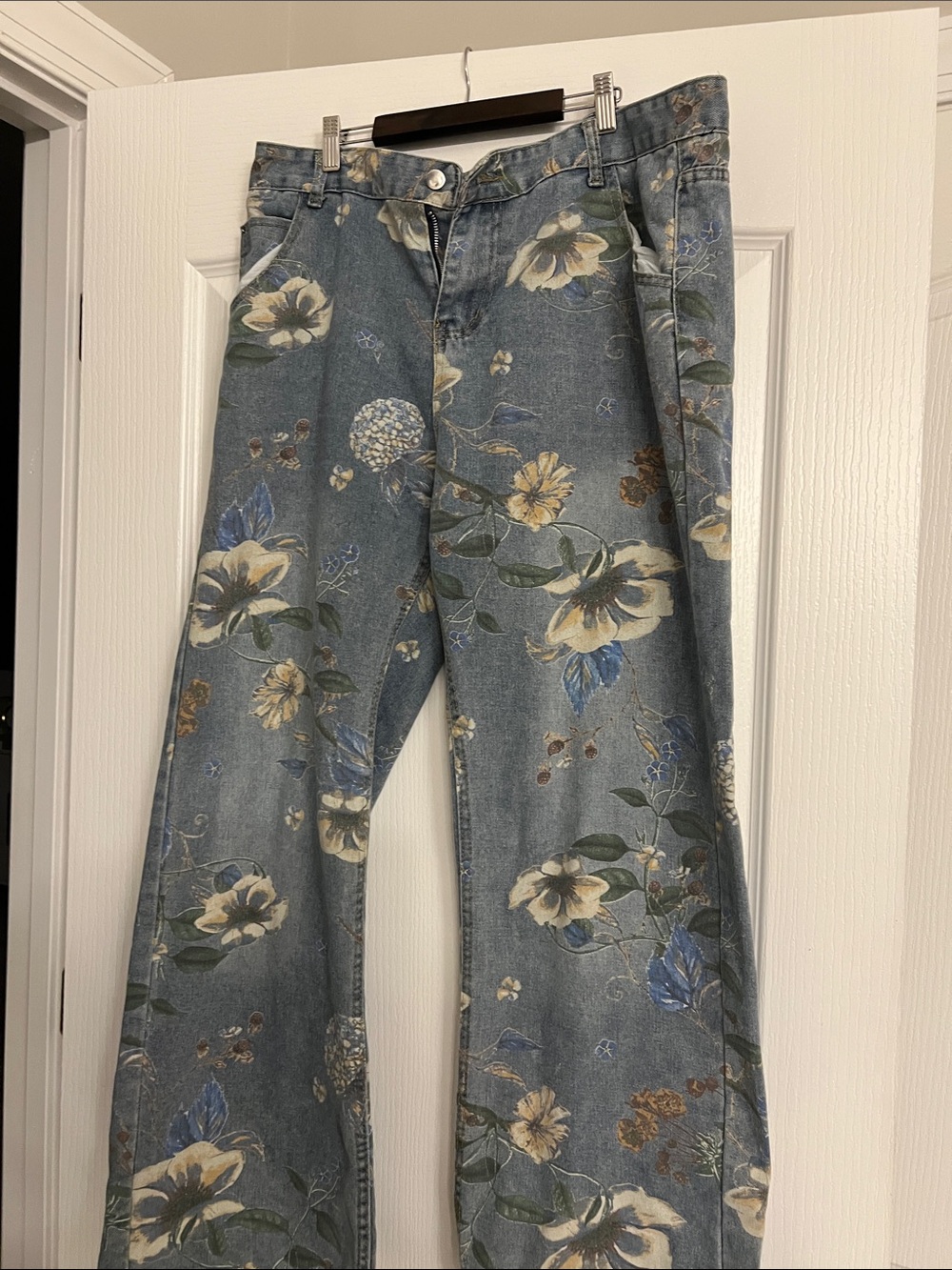 Relaxed Floral Print Men's Jeans - Blue